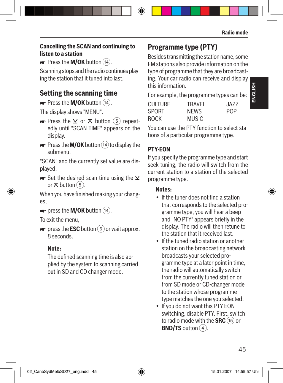 Programme type (pty), Setting the scanning time | Blaupunkt CANBERRA 7 647 523 310 User Manual | Page 16 / 45