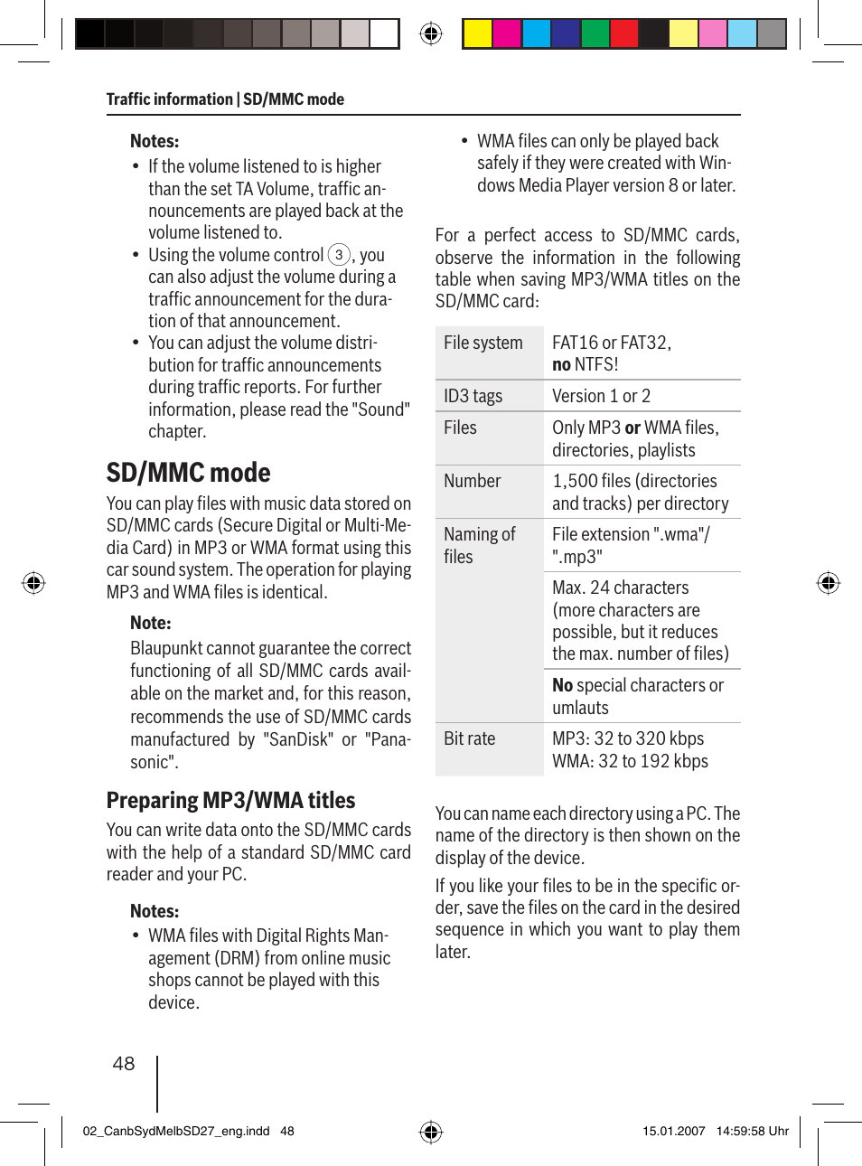 Sd / mmc mode, Preparing mp3/wma titles | Blaupunkt CANBERRA 7 647 523 310 User Manual | Page 19 / 45