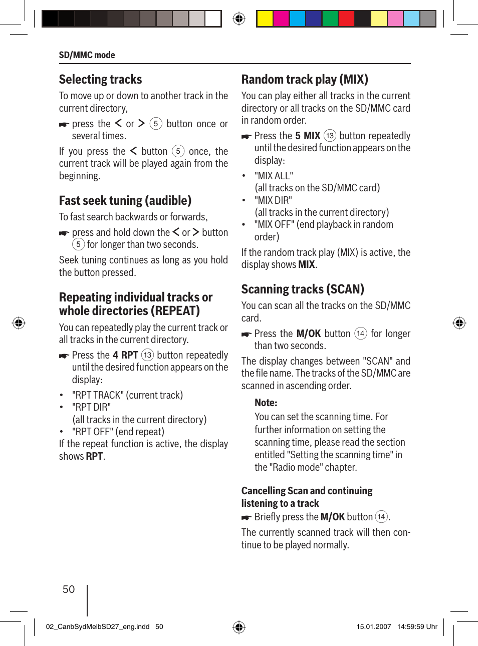 Selecting tracks, Fast seek tuning (audible), Random track play (mix) | Scanning tracks (scan) | Blaupunkt CANBERRA 7 647 523 310 User Manual | Page 21 / 45