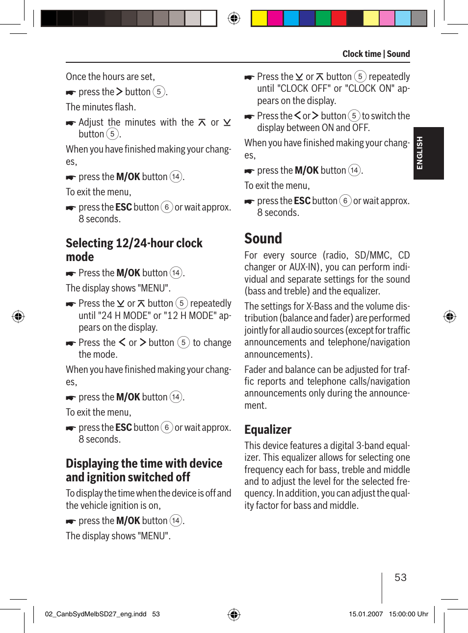 Sound, Selecting 12/24-hour clock mode, Equalizer | Blaupunkt CANBERRA 7 647 523 310 User Manual | Page 24 / 45