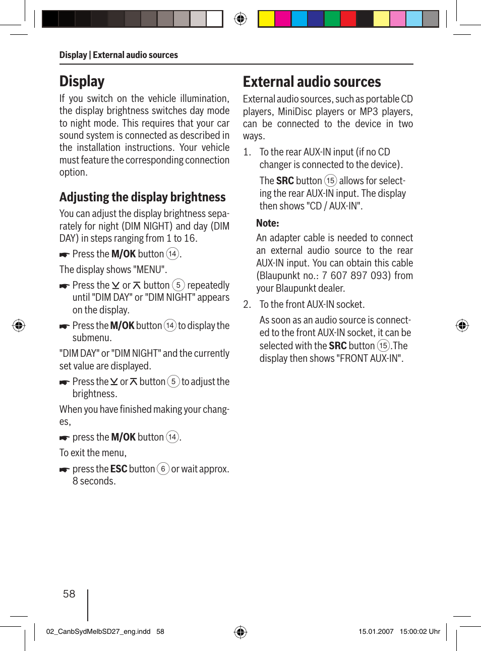 Display, External audio sources, Adjusting the display brightness | Blaupunkt CANBERRA 7 647 523 310 User Manual | Page 29 / 45