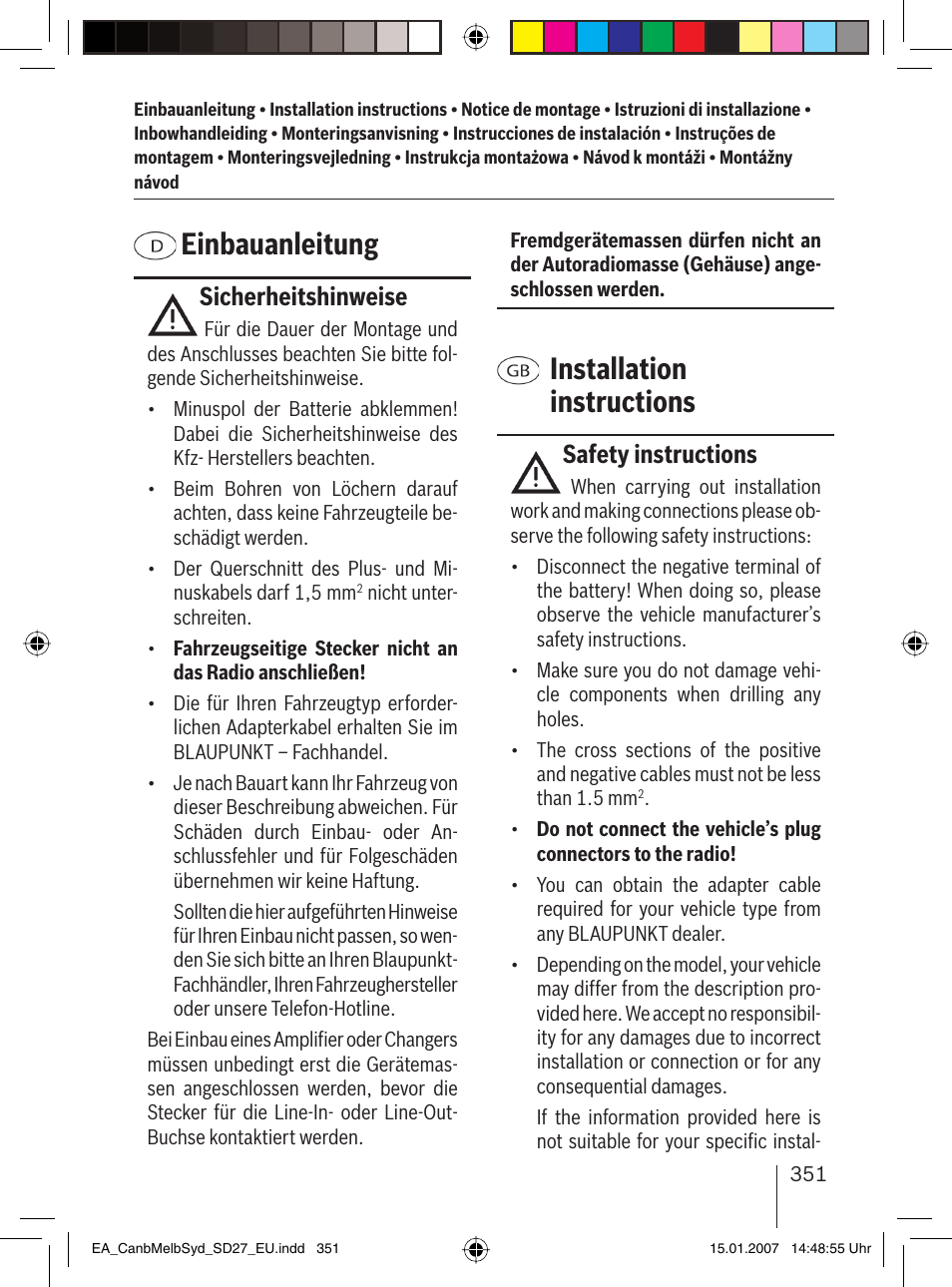 Einbauanleitung, Installation instructions, Sicherheitshinweise | Safety instructions | Blaupunkt CANBERRA 7 647 523 310 User Manual | Page 32 / 45