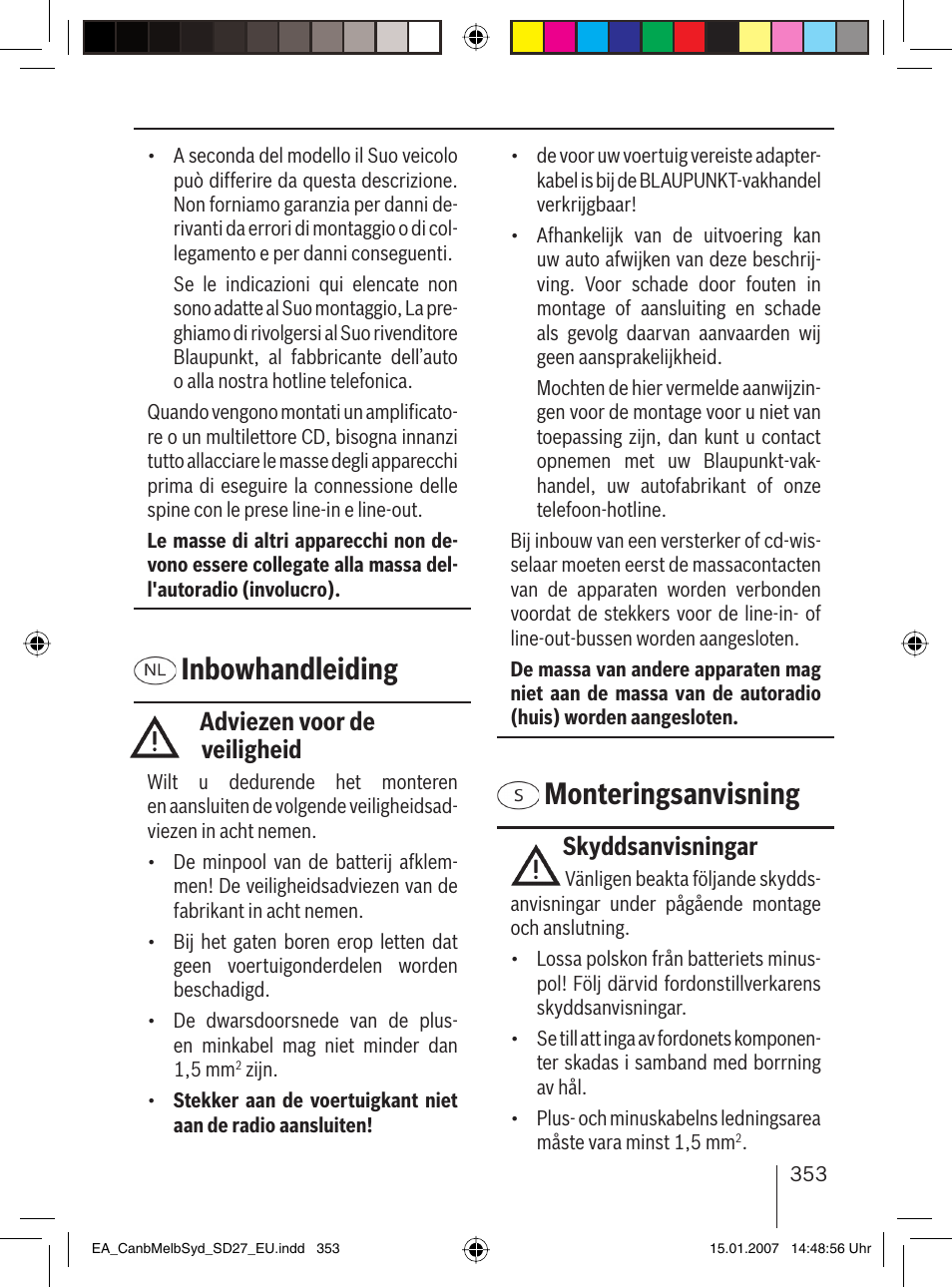 Inbowhandleiding, Monteringsanvisning, Adviezen voor de veiligheid | Skyddsanvisningar | Blaupunkt CANBERRA 7 647 523 310 User Manual | Page 34 / 45