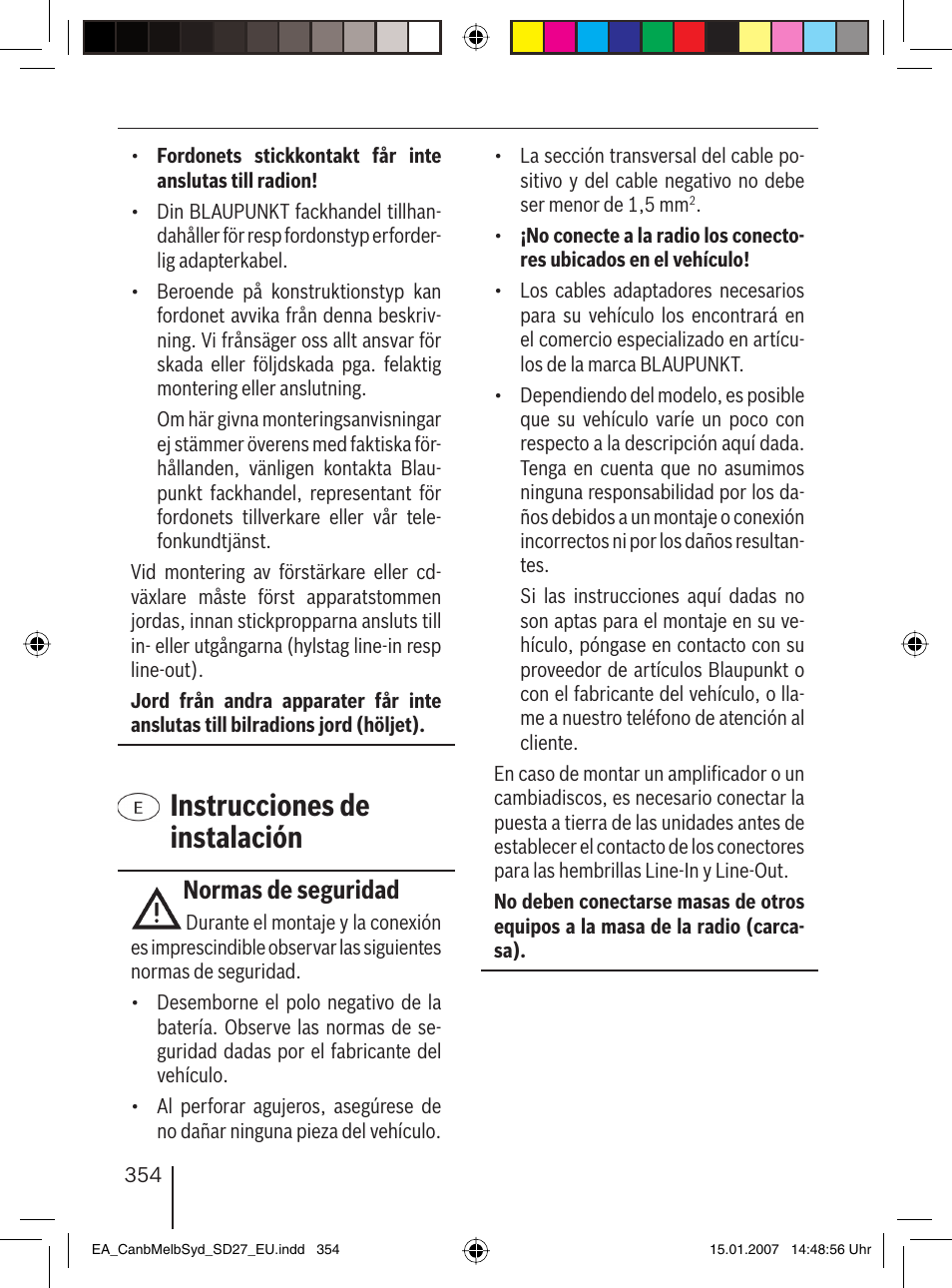 Instrucciones de instalación, Normas de seguridad | Blaupunkt CANBERRA 7 647 523 310 User Manual | Page 35 / 45