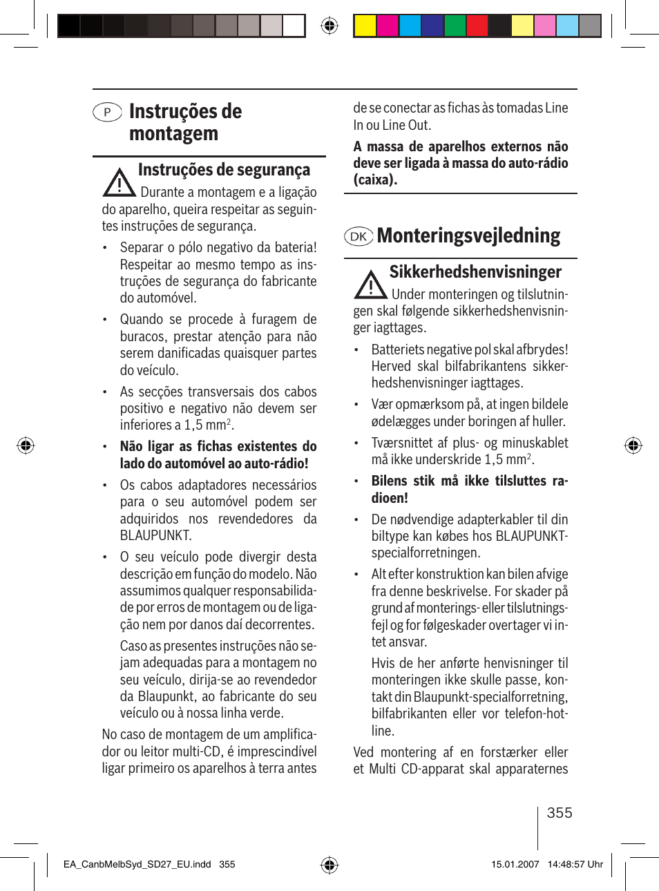 Instruções de montagem, Monteringsvejledning, Instruções de segurança | Sikkerhedshenvisninger | Blaupunkt CANBERRA 7 647 523 310 User Manual | Page 36 / 45