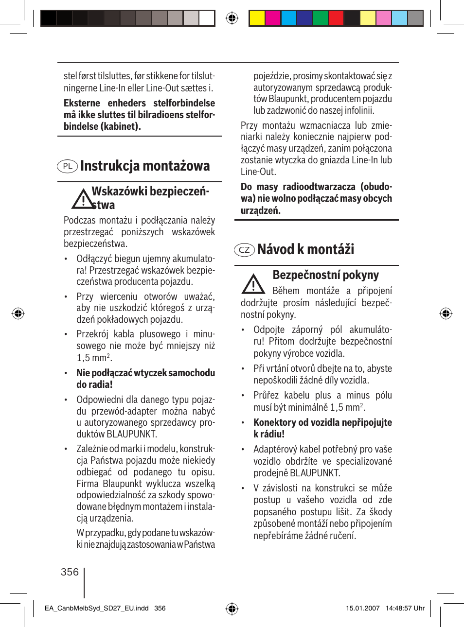 Instrukcja montażowa, Návod k montáži, Wskazówki bezpieczeń- stwa | Bezpečnostní pokyny | Blaupunkt CANBERRA 7 647 523 310 User Manual | Page 37 / 45