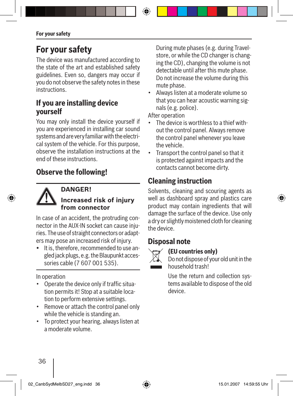 For your safety, If you are installing device yourself, Observe the following | Cleaning instruction | Blaupunkt CANBERRA 7 647 523 310 User Manual | Page 7 / 45