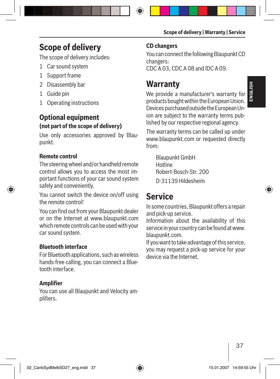 Warranty, Service, Scope of delivery | Optional equipment | Blaupunkt CANBERRA 7 647 523 310 User Manual | Page 8 / 45