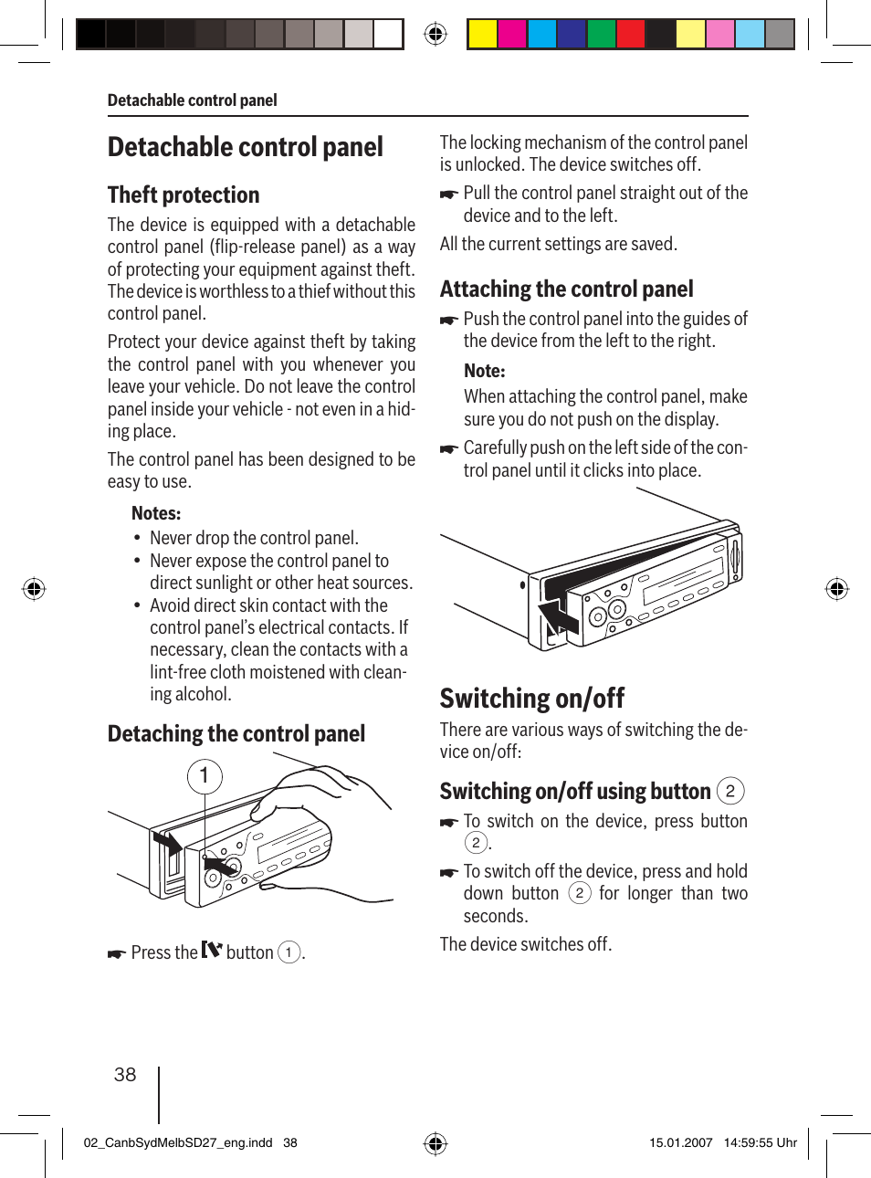 Detachable control panel, Switching on/off, Theft protection | Detaching the control panel, Attaching the control panel, Switching on/off using button 2 | Blaupunkt CANBERRA 7 647 523 310 User Manual | Page 9 / 45