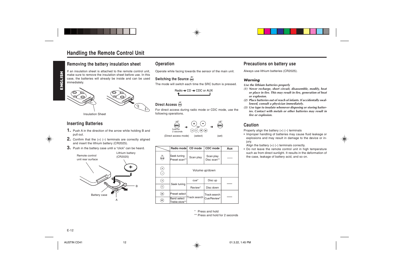 Handling the remote control unit, Removing the battery insulation sheet, Inserting batteries 1 | Operation, Precautions on battery use, Caution | Blaupunkt AUSTIN CD41 User Manual | Page 13 / 15