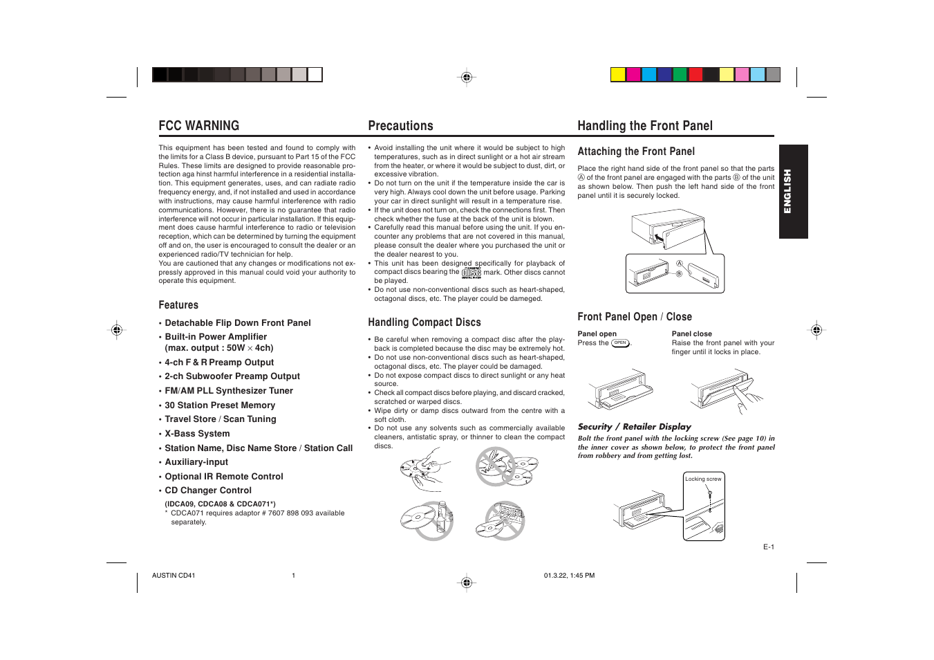 Fcc warning precautions handling the front panel | Blaupunkt AUSTIN CD41 User Manual | Page 2 / 15