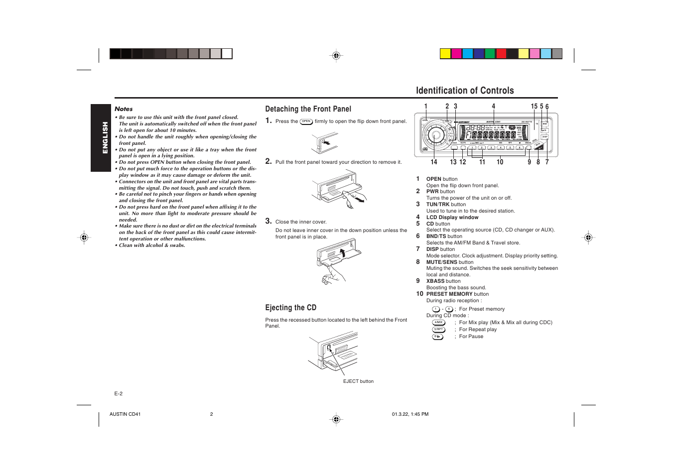 Identification of controls, Detaching the front panel 1, Ejecting the cd | Blaupunkt AUSTIN CD41 User Manual | Page 3 / 15