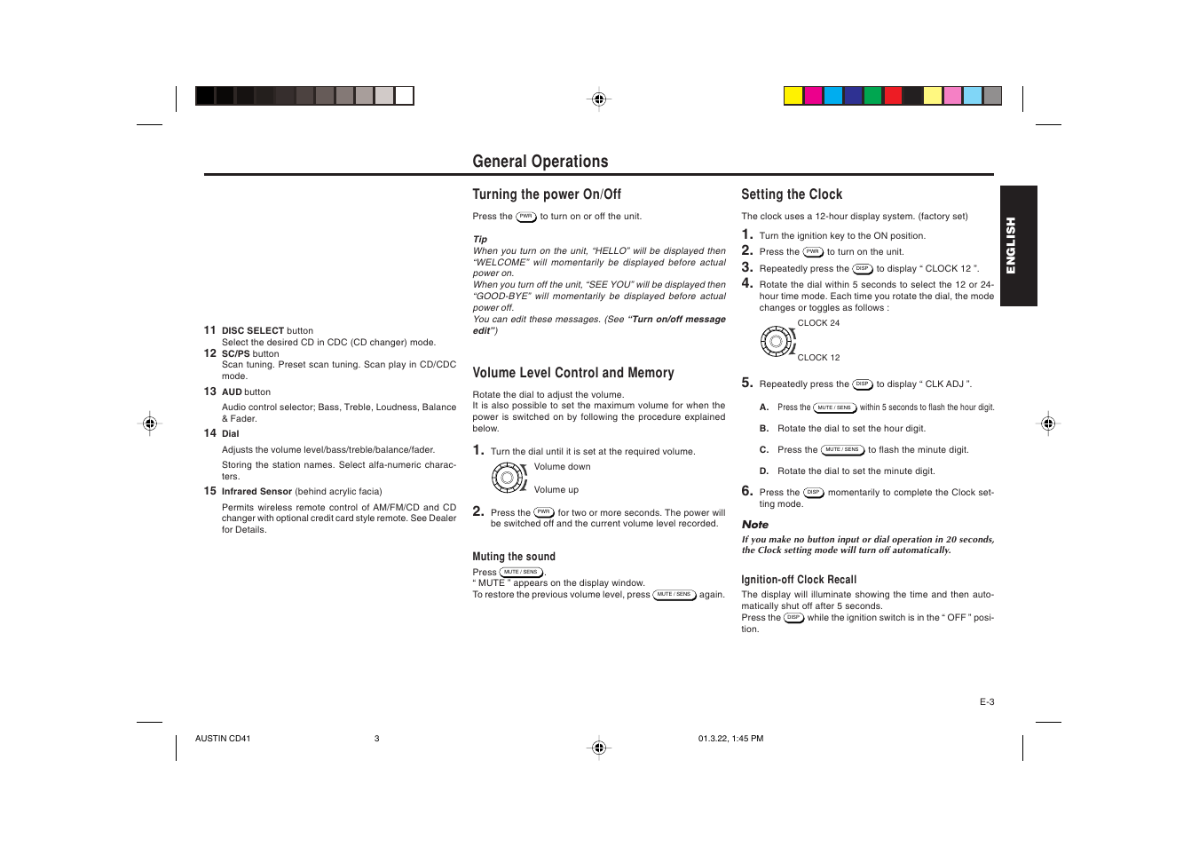 General operations, Turning the power on/off, Setting the clock | Blaupunkt AUSTIN CD41 User Manual | Page 4 / 15