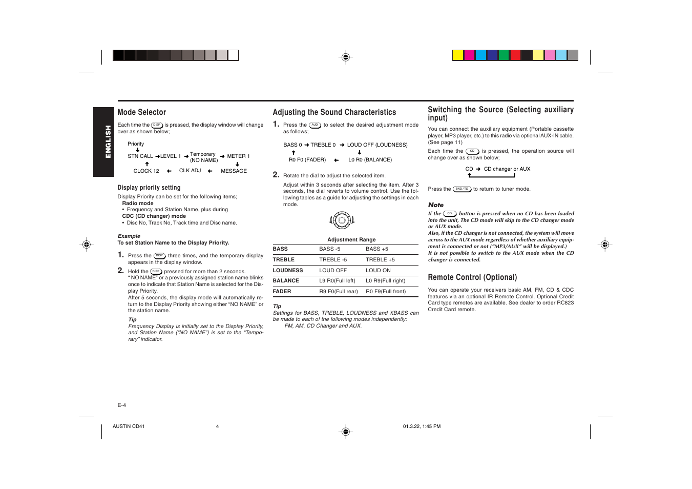 Mode selector, Adjusting the sound characteristics 1, Switching the source (selecting auxiliary input) | Remote control (optional) | Blaupunkt AUSTIN CD41 User Manual | Page 5 / 15