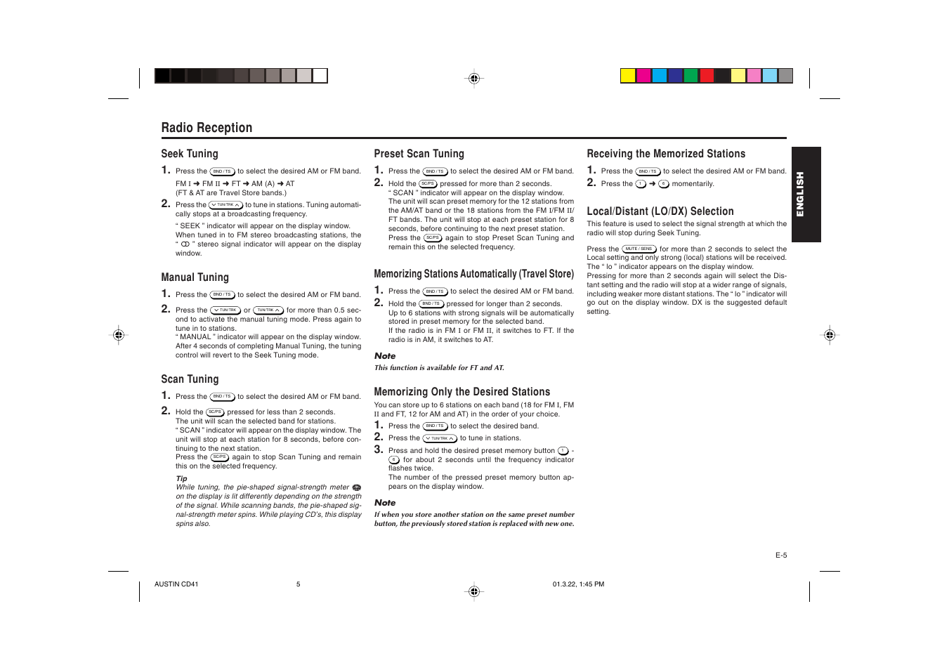 Radio reception, Seek tuning 1, Manual tuning 1 | Scan tuning 1, Preset scan tuning 1, Local/distant (lo/dx) selection | Blaupunkt AUSTIN CD41 User Manual | Page 6 / 15