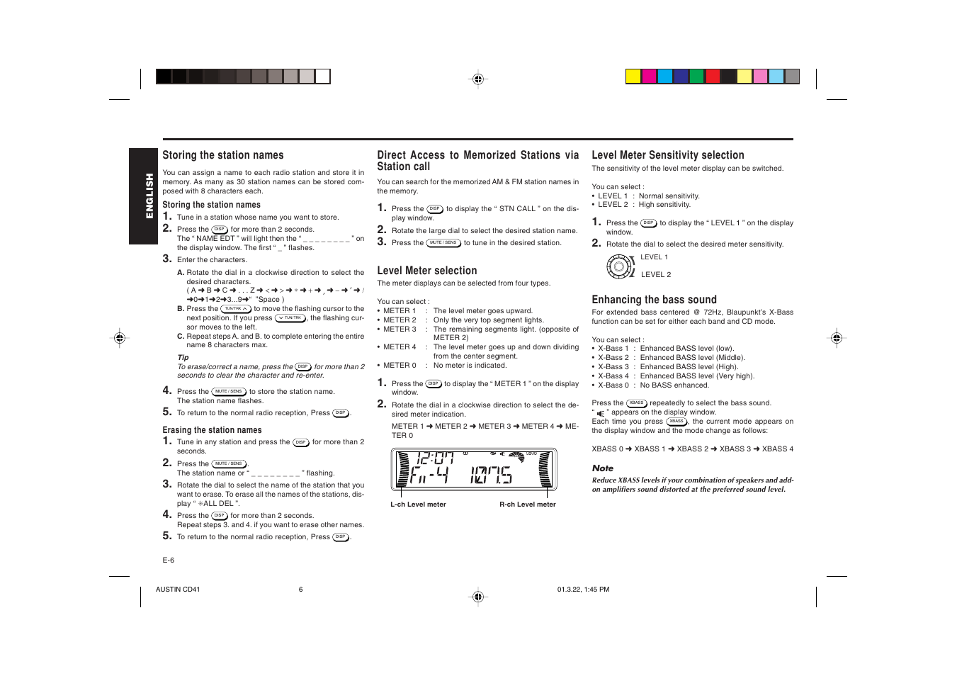 Storing the station names, Level meter selection, Level meter sensitivity selection | Enhancing the bass sound | Blaupunkt AUSTIN CD41 User Manual | Page 7 / 15