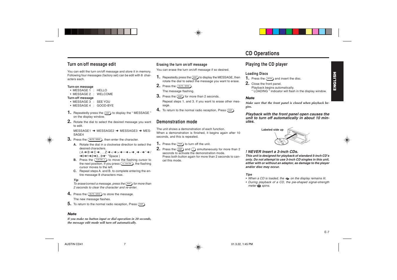 Cd operations, Turn on/off message edit, Demonstration mode | Playing the cd player | Blaupunkt AUSTIN CD41 User Manual | Page 8 / 15