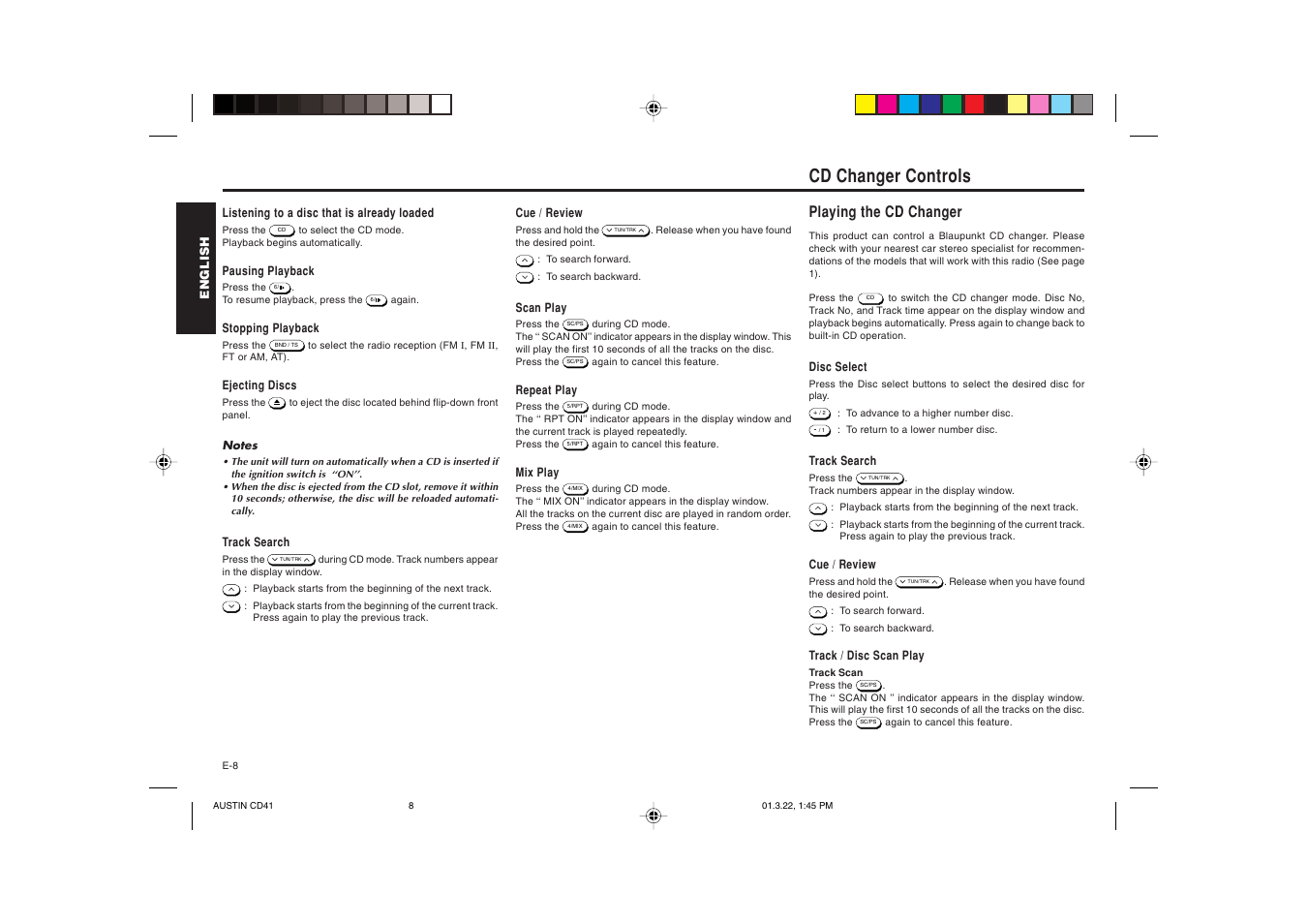 Cd changer controls, Playing the cd changer | Blaupunkt AUSTIN CD41 User Manual | Page 9 / 15