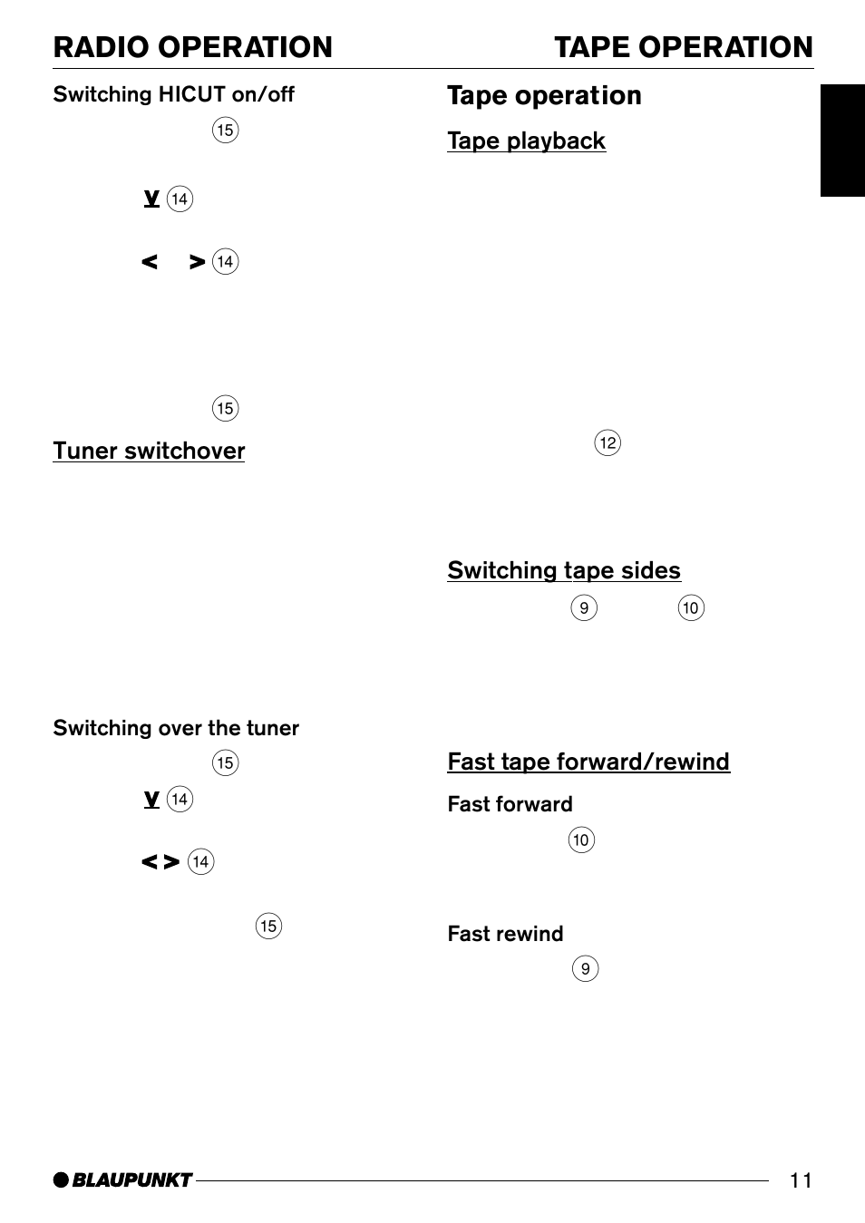 Radio operation tape operation, Tape operation | Blaupunkt Melbourne C30 User Manual | Page 11 / 24