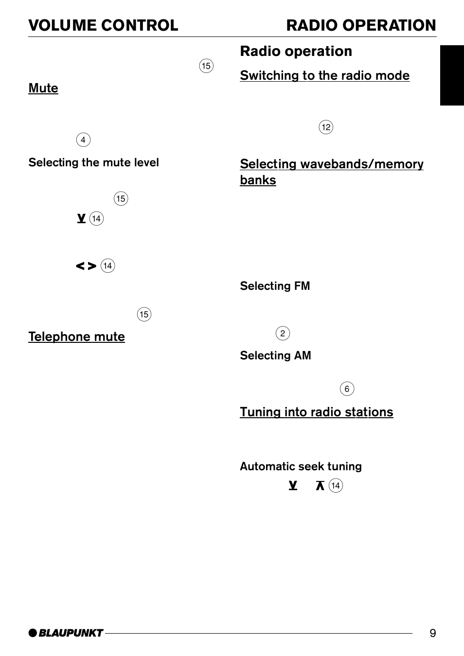 Volume control radio operation, Radio operation | Blaupunkt Melbourne C30 User Manual | Page 9 / 24