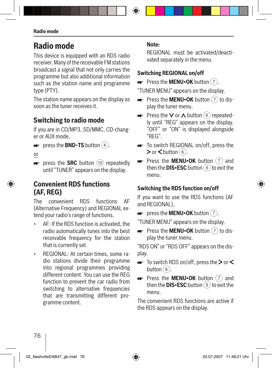 Radio mode, Switching to radio mode, Convenient rds functions (af, reg) | Blaupunkt NASHVILLE DAB47 User Manual | Page 20 / 59