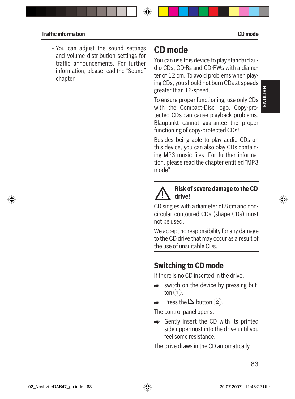 Cd mode, Switching to cd mode | Blaupunkt NASHVILLE DAB47 User Manual | Page 27 / 59