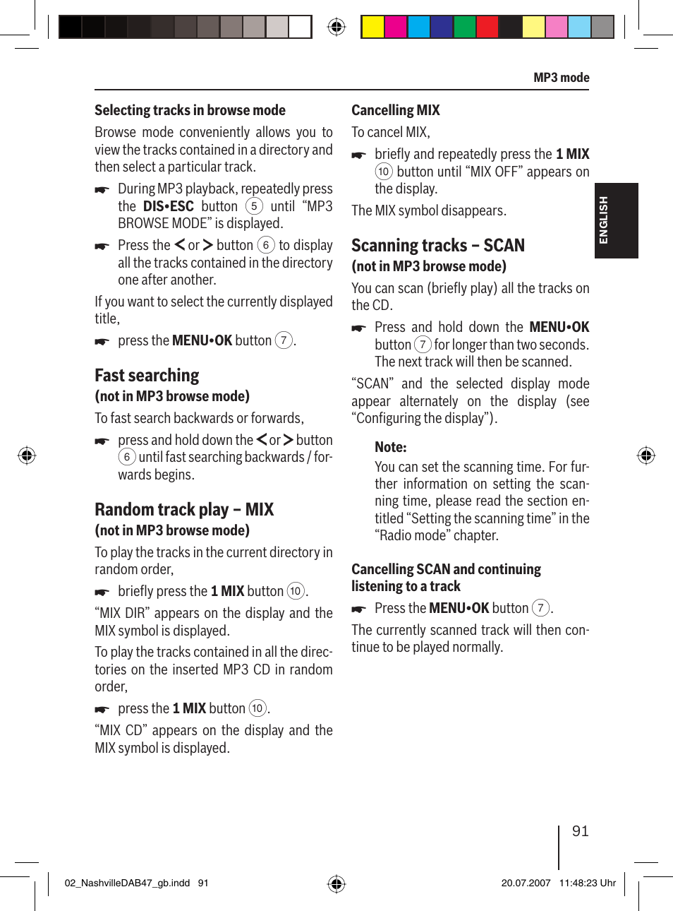 Fast searching, Random track play – mix, Scanning tracks – scan | Blaupunkt NASHVILLE DAB47 User Manual | Page 35 / 59