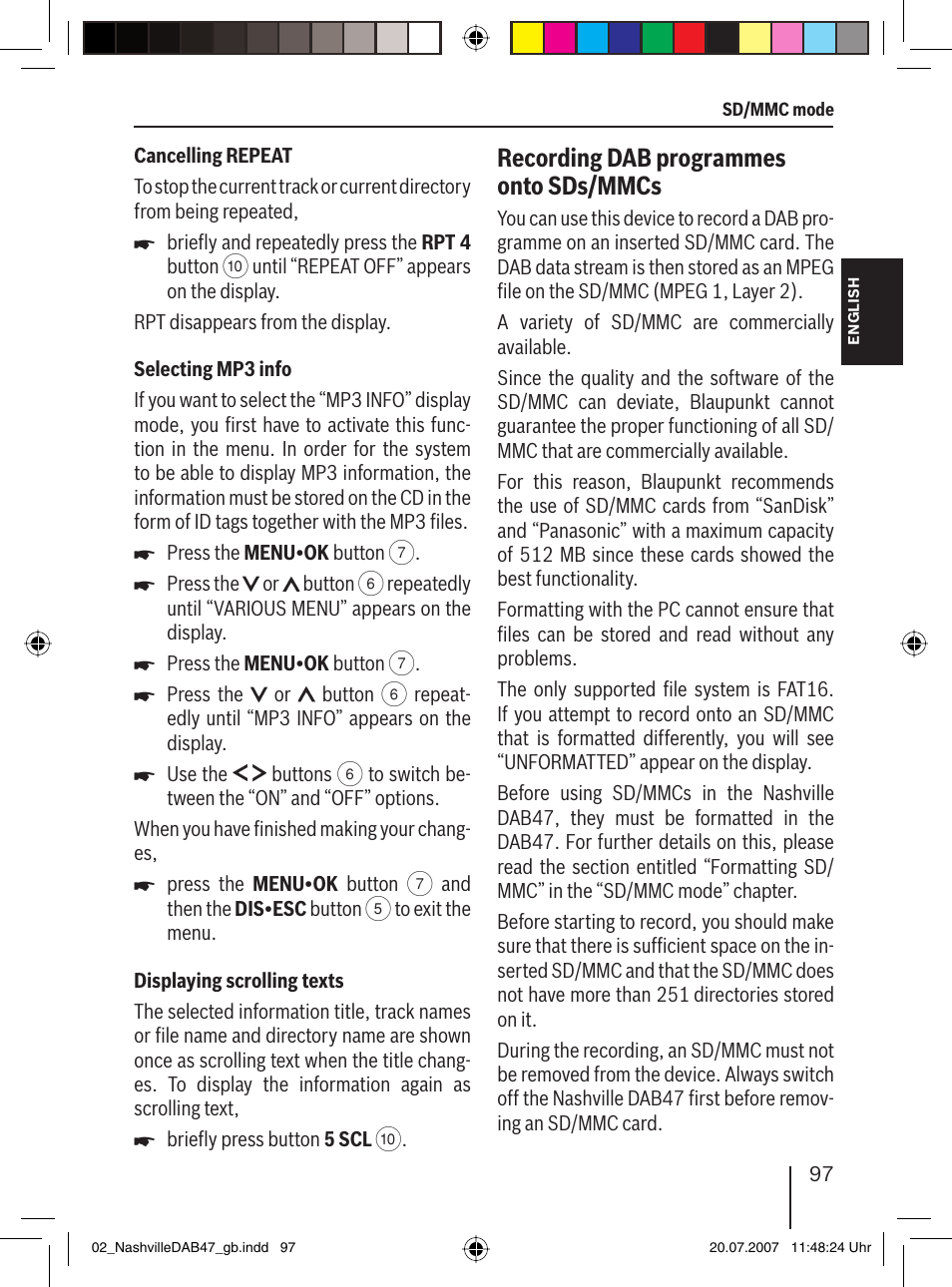 Recording dab programmes onto sds/mmcs | Blaupunkt NASHVILLE DAB47 User Manual | Page 41 / 59