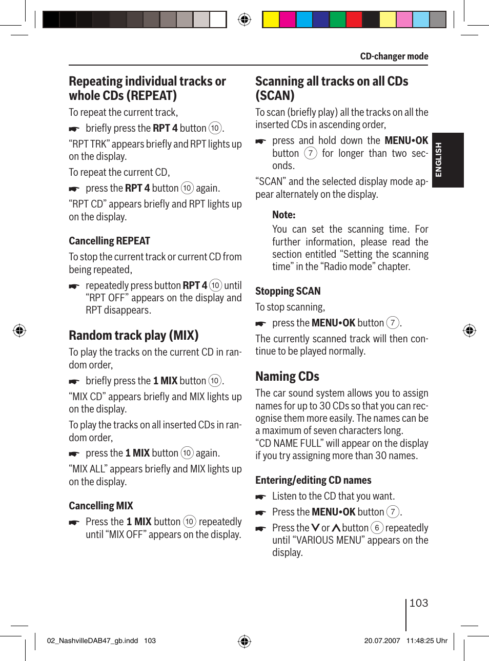 Repeating individual tracks or whole cds (repeat), Random track play (mix), Scanning all tracks on all cds (scan) | Naming cds | Blaupunkt NASHVILLE DAB47 User Manual | Page 47 / 59