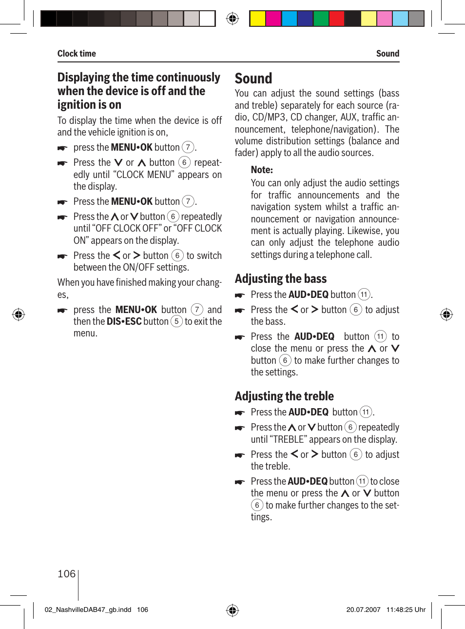 Sound, Adjusting the bass, Adjusting the treble | Blaupunkt NASHVILLE DAB47 User Manual | Page 50 / 59