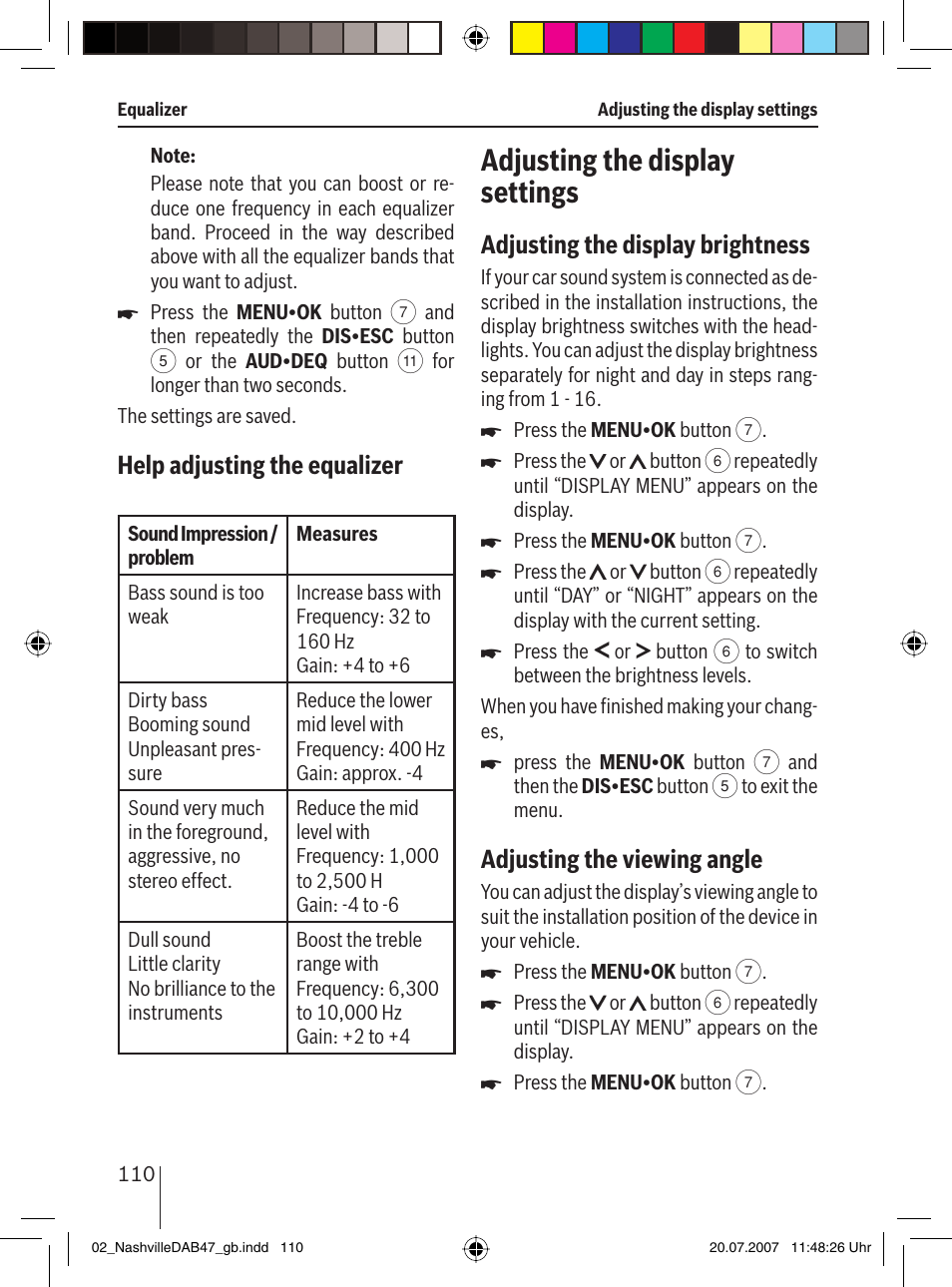 Adjusting the display settings, Help adjusting the equalizer, Adjusting the display brightness | Adjusting the viewing angle | Blaupunkt NASHVILLE DAB47 User Manual | Page 54 / 59