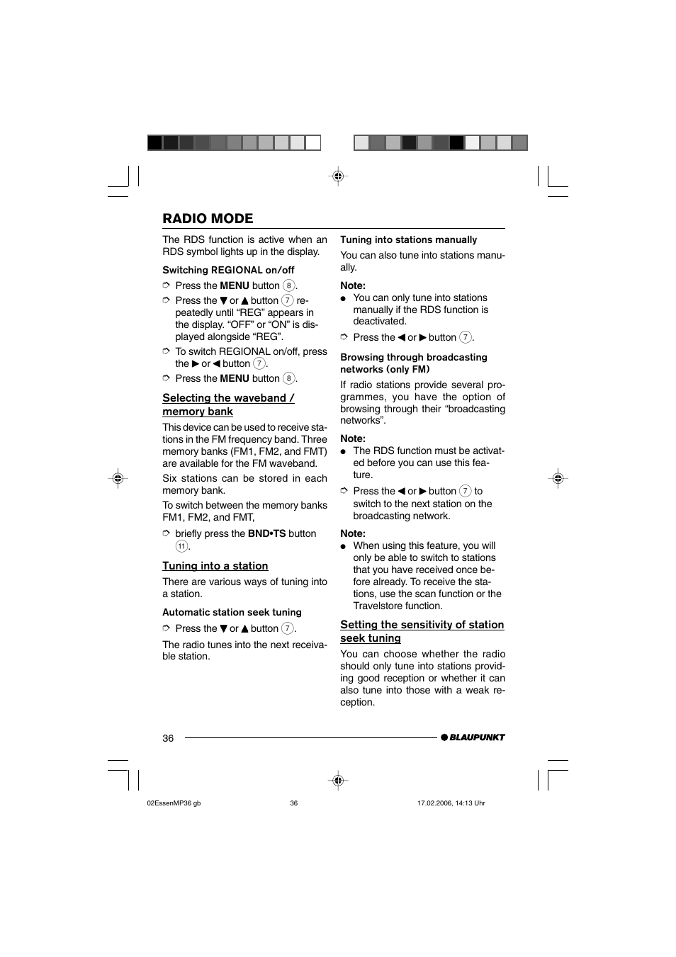 Radio mode | Blaupunkt ESSEN MP36 User Manual | Page 10 / 30