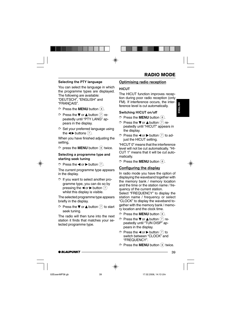 Radio mode | Blaupunkt ESSEN MP36 User Manual | Page 13 / 30