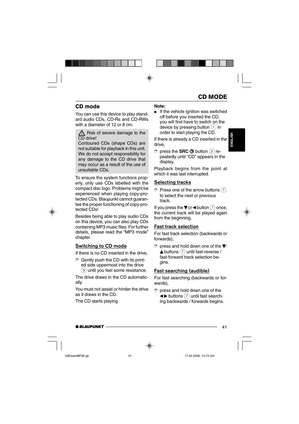 Cd mode | Blaupunkt ESSEN MP36 User Manual | Page 15 / 30
