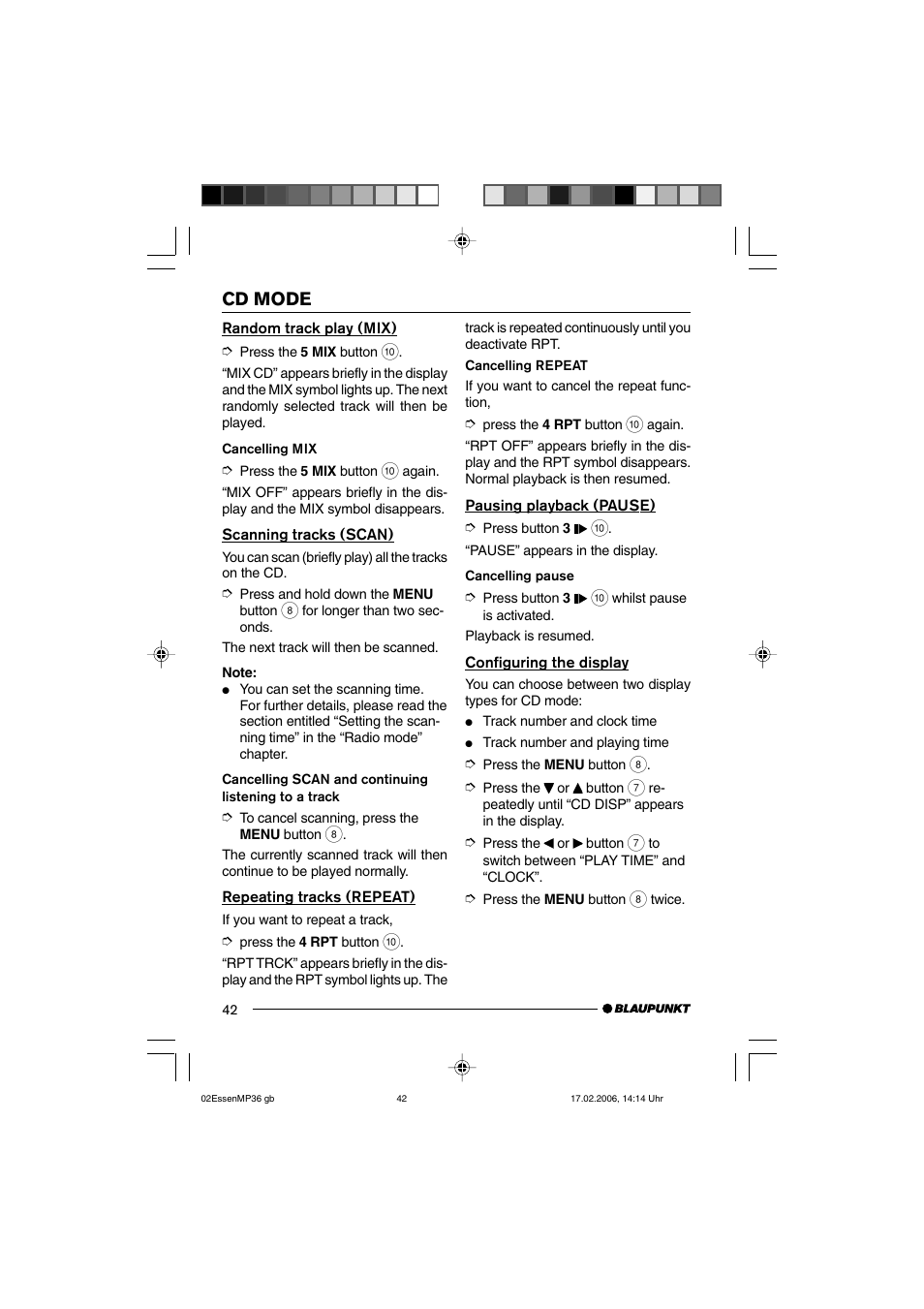 Cd mode | Blaupunkt ESSEN MP36 User Manual | Page 16 / 30