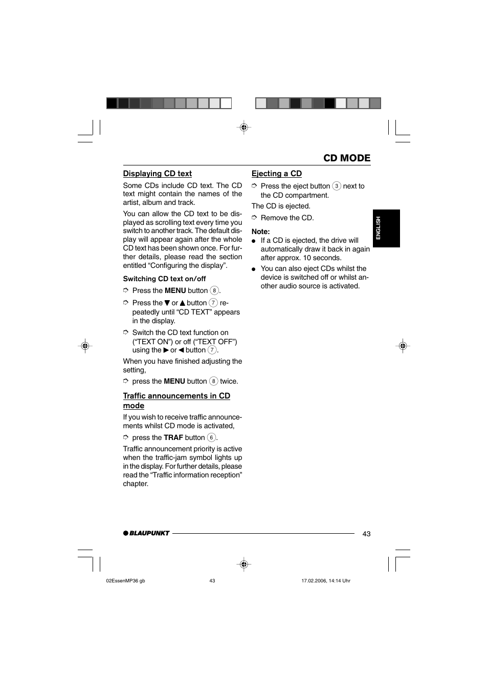Cd mode | Blaupunkt ESSEN MP36 User Manual | Page 17 / 30