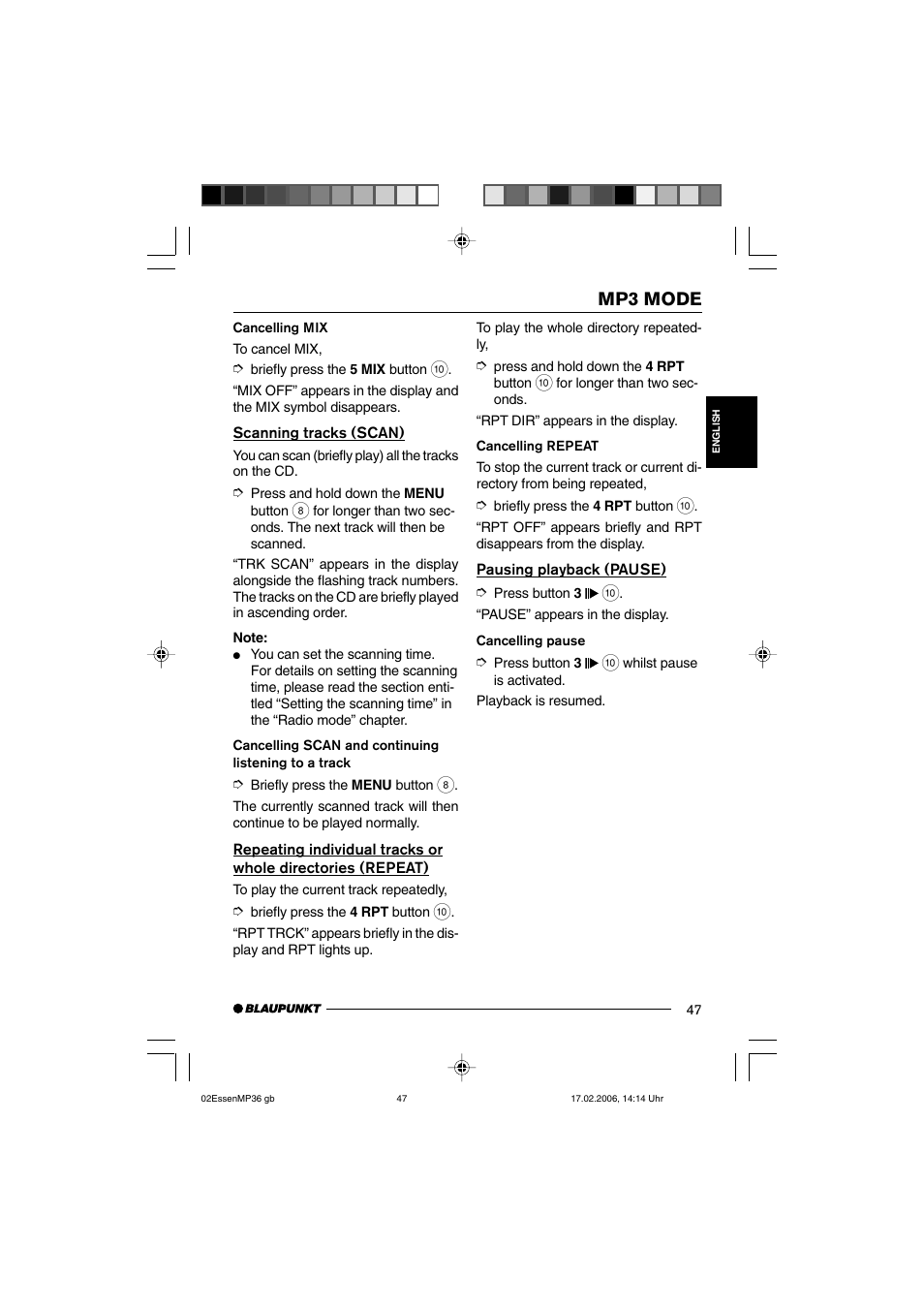 Mp3 mode | Blaupunkt ESSEN MP36 User Manual | Page 21 / 30