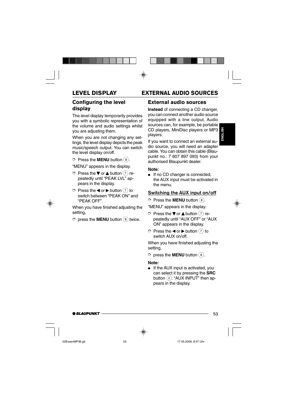 Level display external audio sources, Configuring the level display, External audio sources | Blaupunkt ESSEN MP36 User Manual | Page 27 / 30