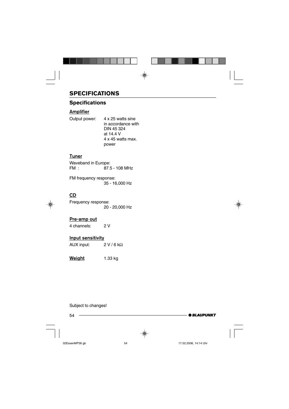 Specifications | Blaupunkt ESSEN MP36 User Manual | Page 28 / 30