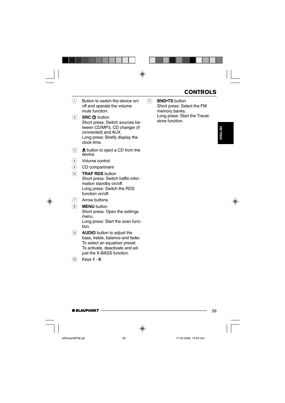 Controls | Blaupunkt ESSEN MP36 User Manual | Page 3 / 30