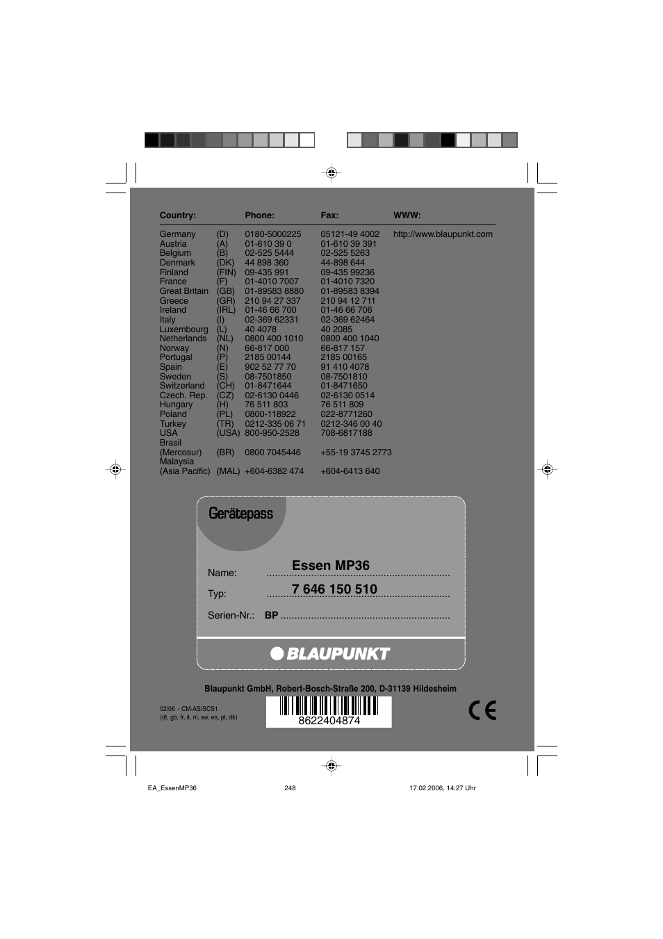 Gerätepass | Blaupunkt ESSEN MP36 User Manual | Page 30 / 30