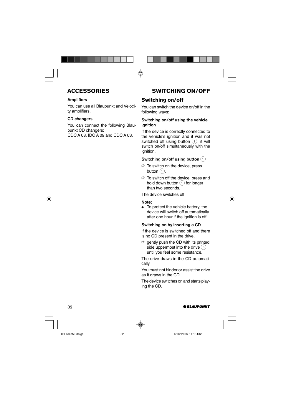 Switching on/off accessories | Blaupunkt ESSEN MP36 User Manual | Page 6 / 30