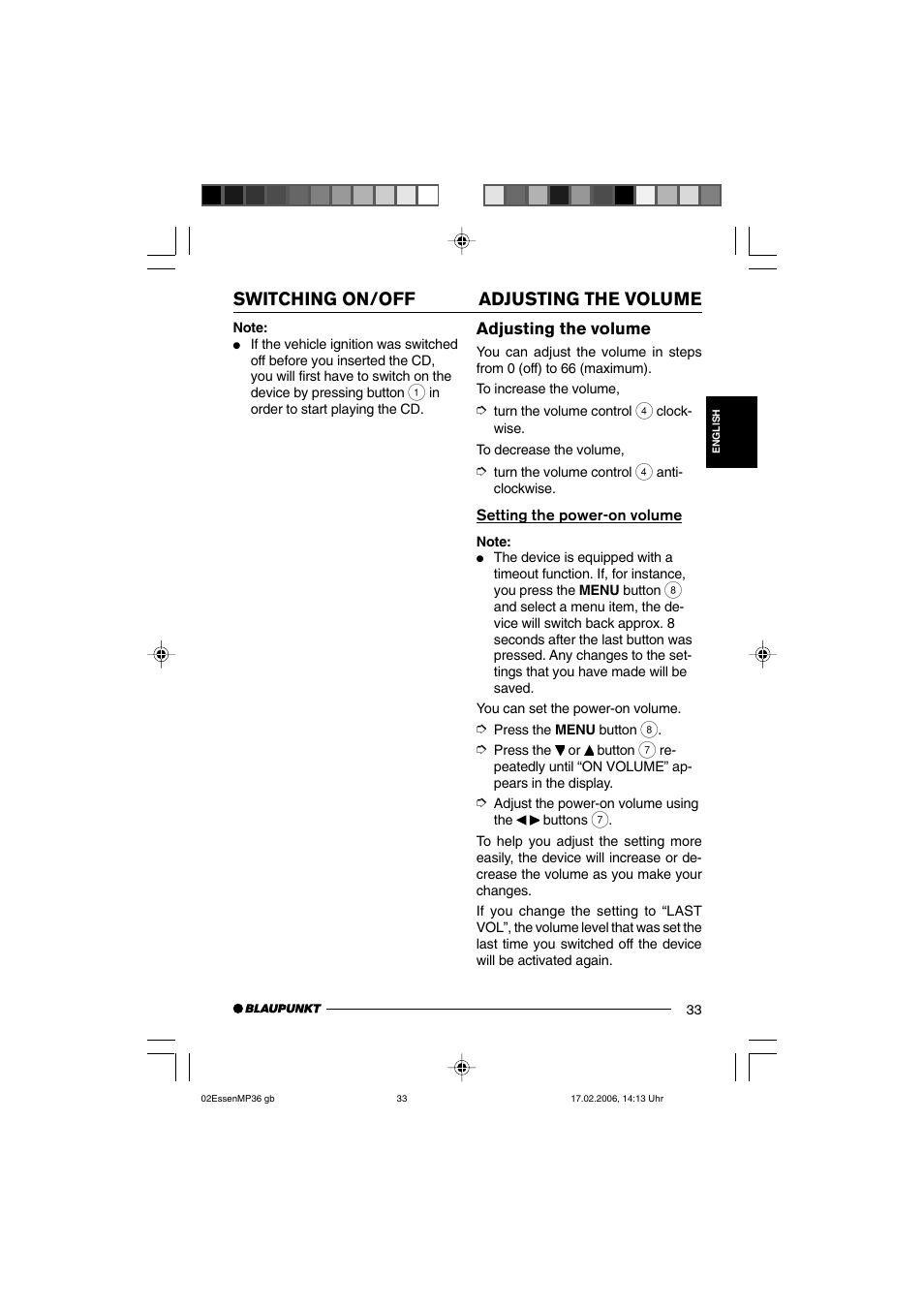 Adjusting the volume switching on/off, Adjusting the volume | Blaupunkt ESSEN MP36 User Manual | Page 7 / 30