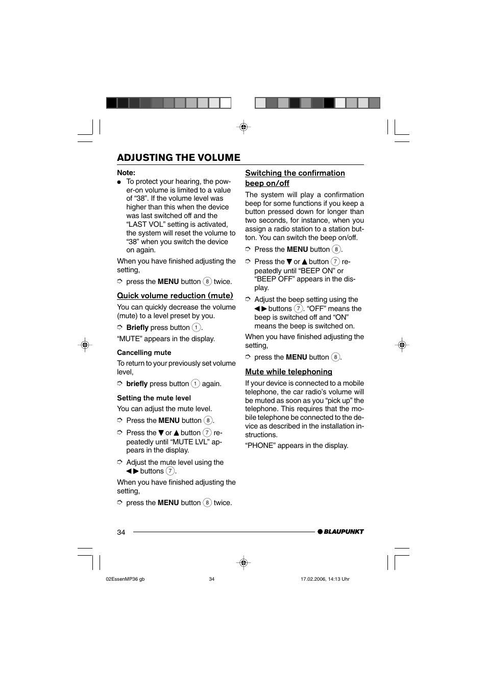 Adjusting the volume | Blaupunkt ESSEN MP36 User Manual | Page 8 / 30