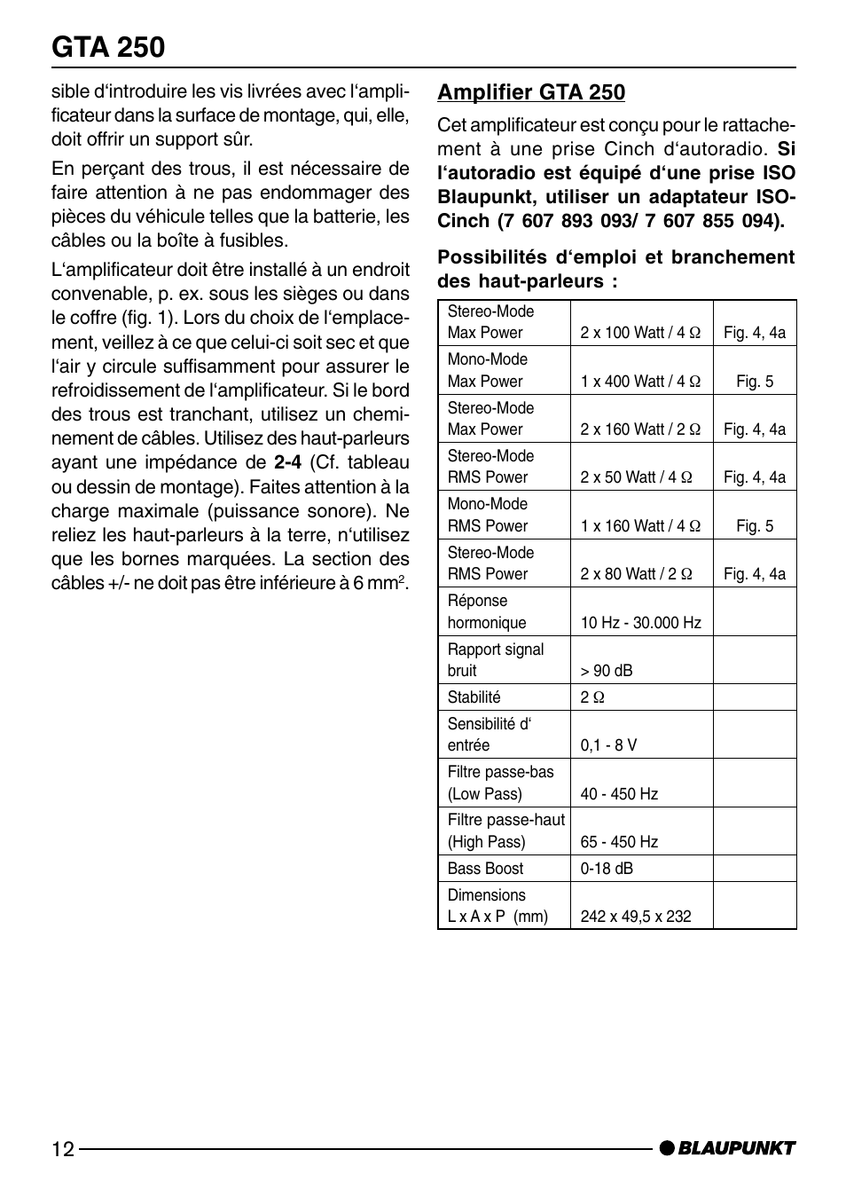 Gta 250, Amplifier gta 250 | Blaupunkt GTA 250 User Manual | Page 12 / 38