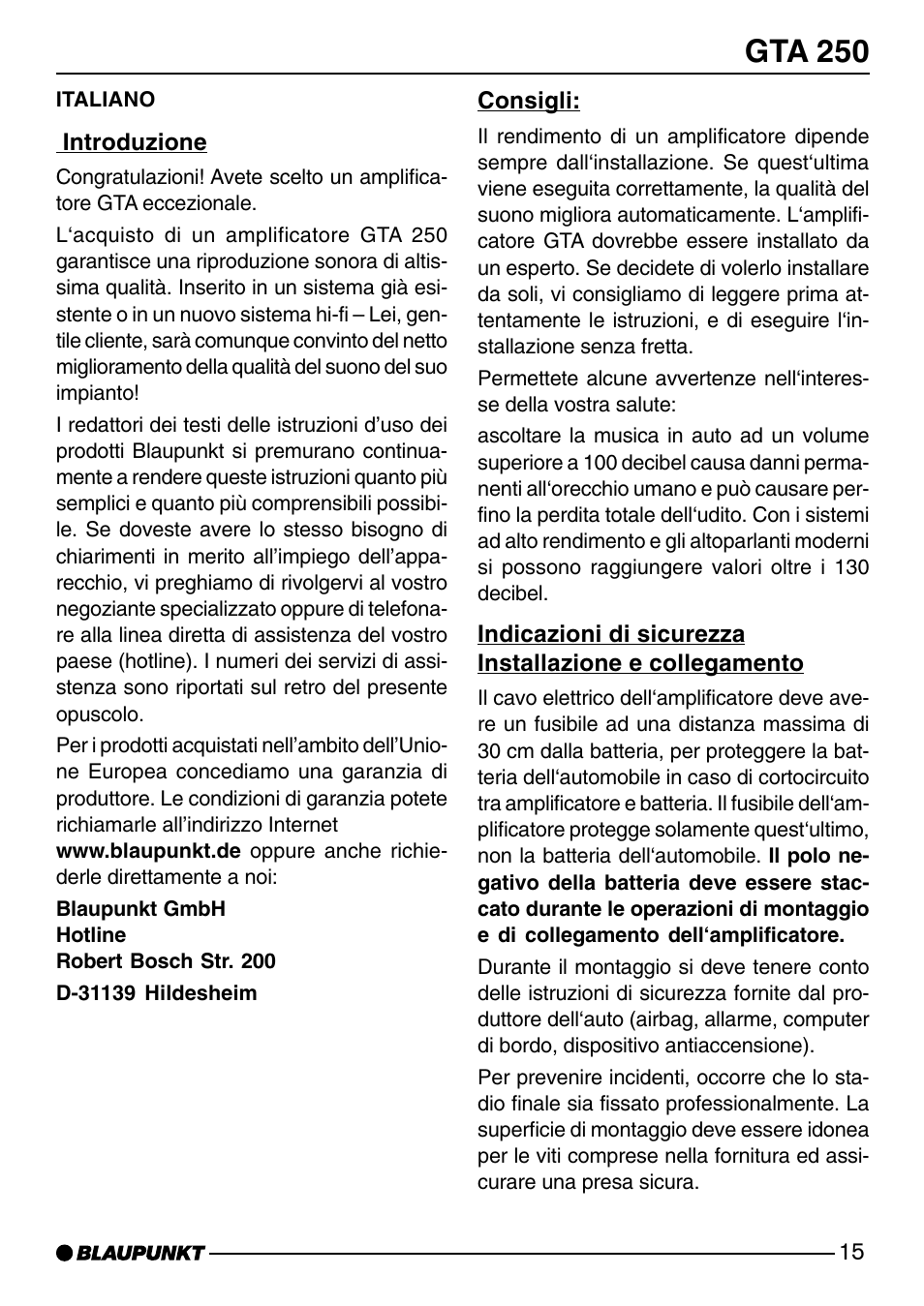 Gta 250 | Blaupunkt GTA 250 User Manual | Page 15 / 38