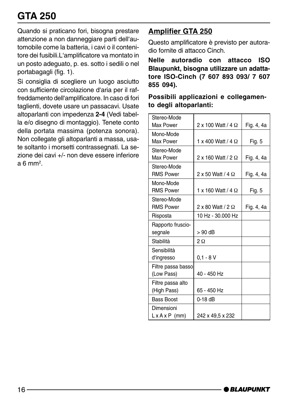 Gta 250, Amplifier gta 250 | Blaupunkt GTA 250 User Manual | Page 16 / 38