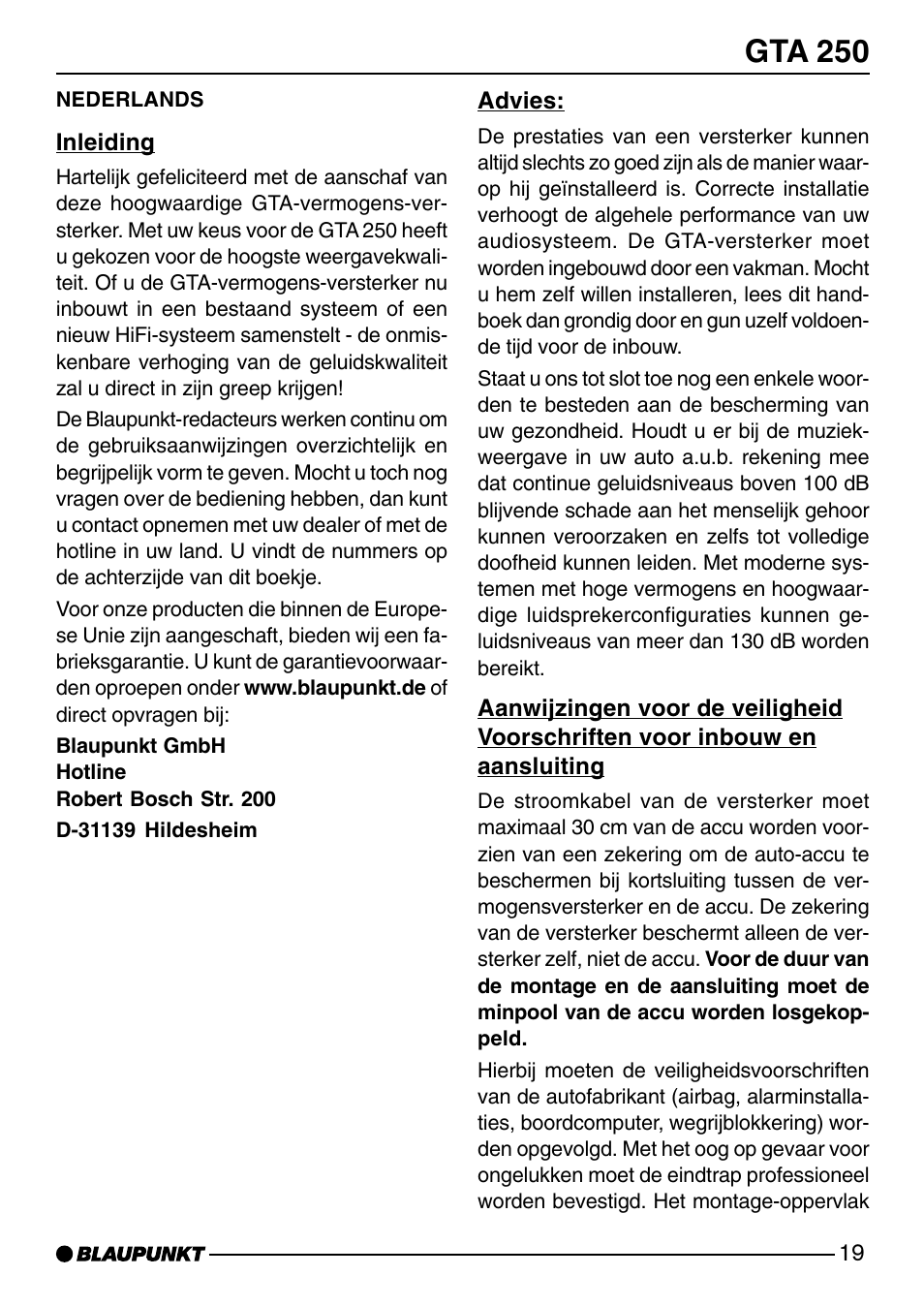Gta 250 | Blaupunkt GTA 250 User Manual | Page 19 / 38