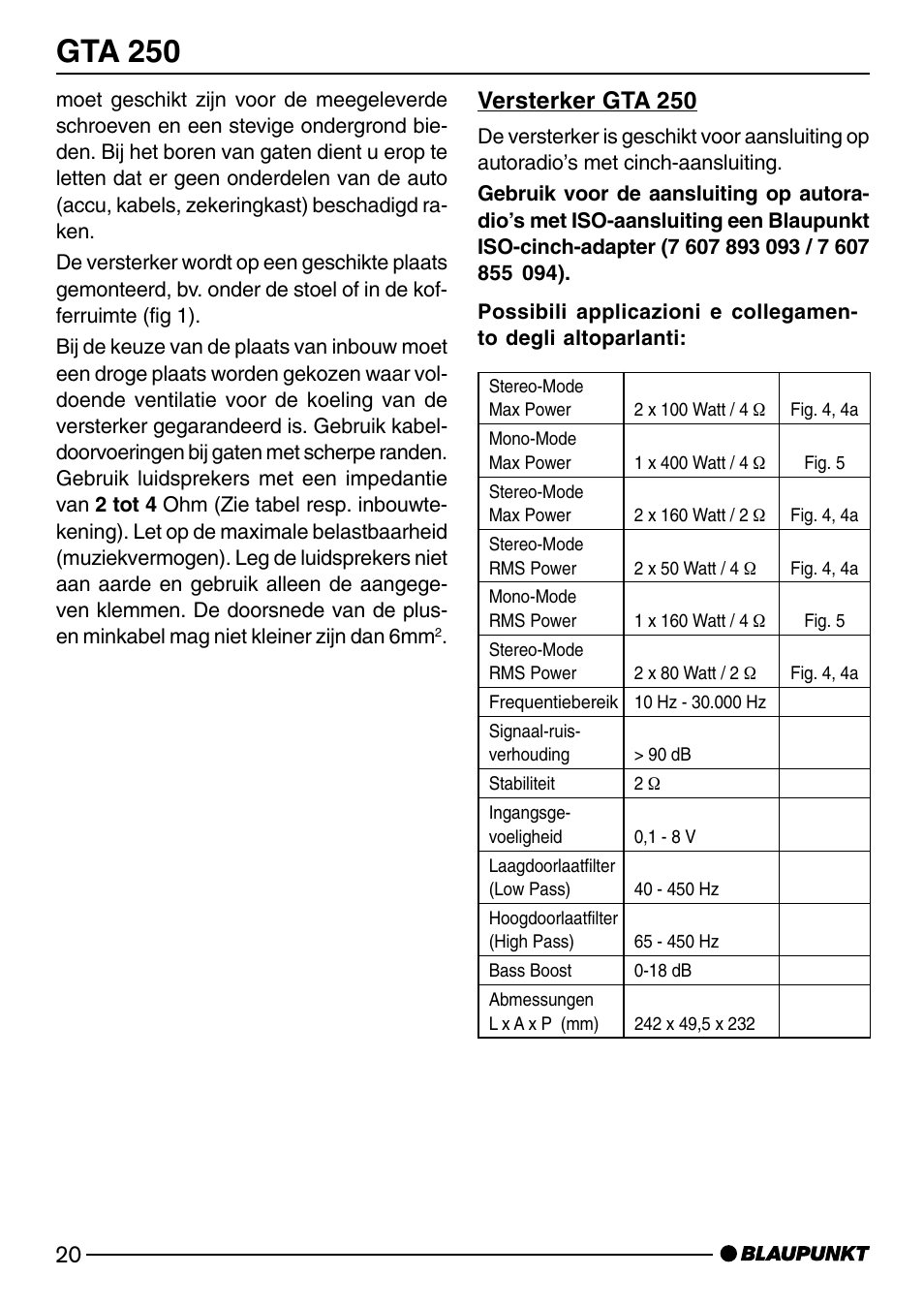 Gta 250, Versterker gta 250 | Blaupunkt GTA 250 User Manual | Page 20 / 38