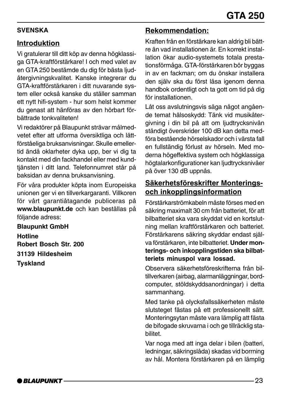 Gta 250 | Blaupunkt GTA 250 User Manual | Page 23 / 38